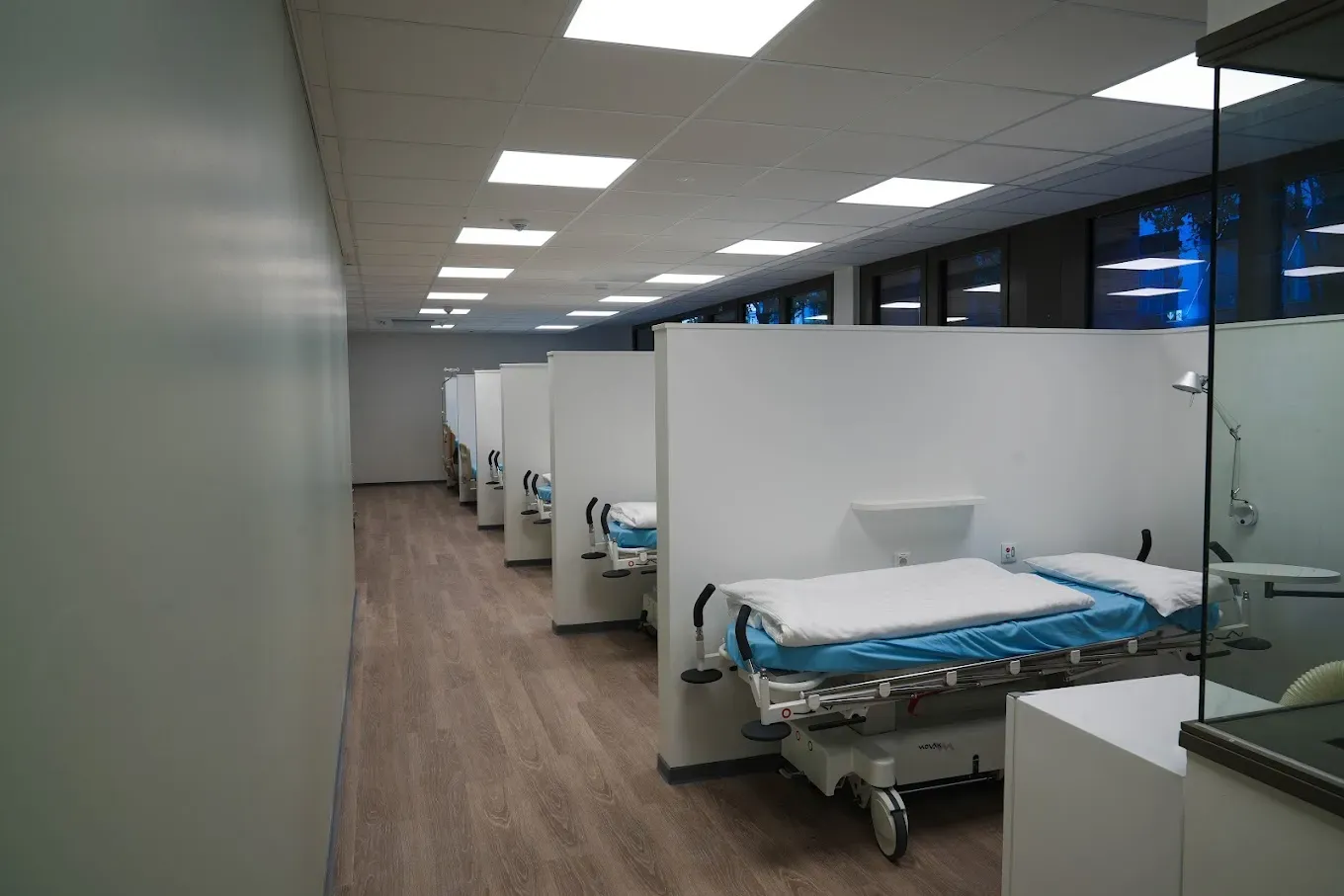Patient lounge with loungers in individual alcoves