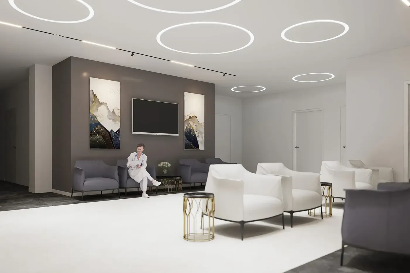 Visualisation of the waiting area with armchairs and rings of light on the ceiling