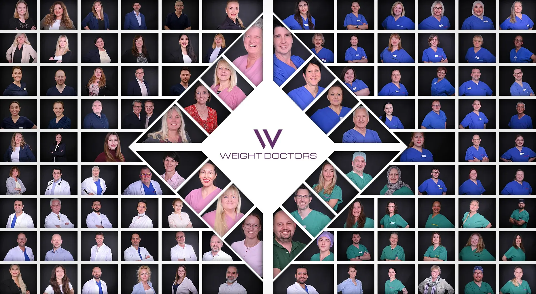 Gruppenbild der Weight Doctors®: Porträts von Mitarbeiterinnen und Mitarbeitern aus Beratung, Medizin und Pflege rund um das Logo in der Mitte