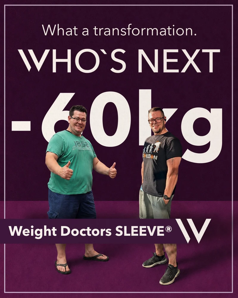 Weight Doctors® before and after: male patient 60 kg lighter, with the Weight Doctors SLEEVE®