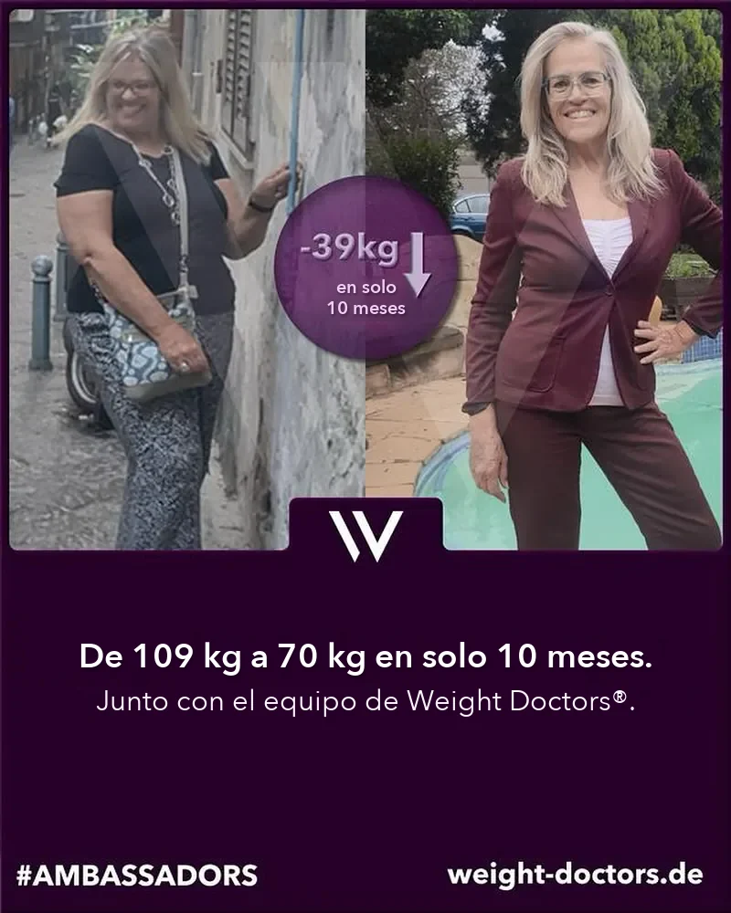 Weight Doctors® antes y después: paciente de 109 kg a 70 kg en diez meses, junto con el equipo de Weight Doctors®