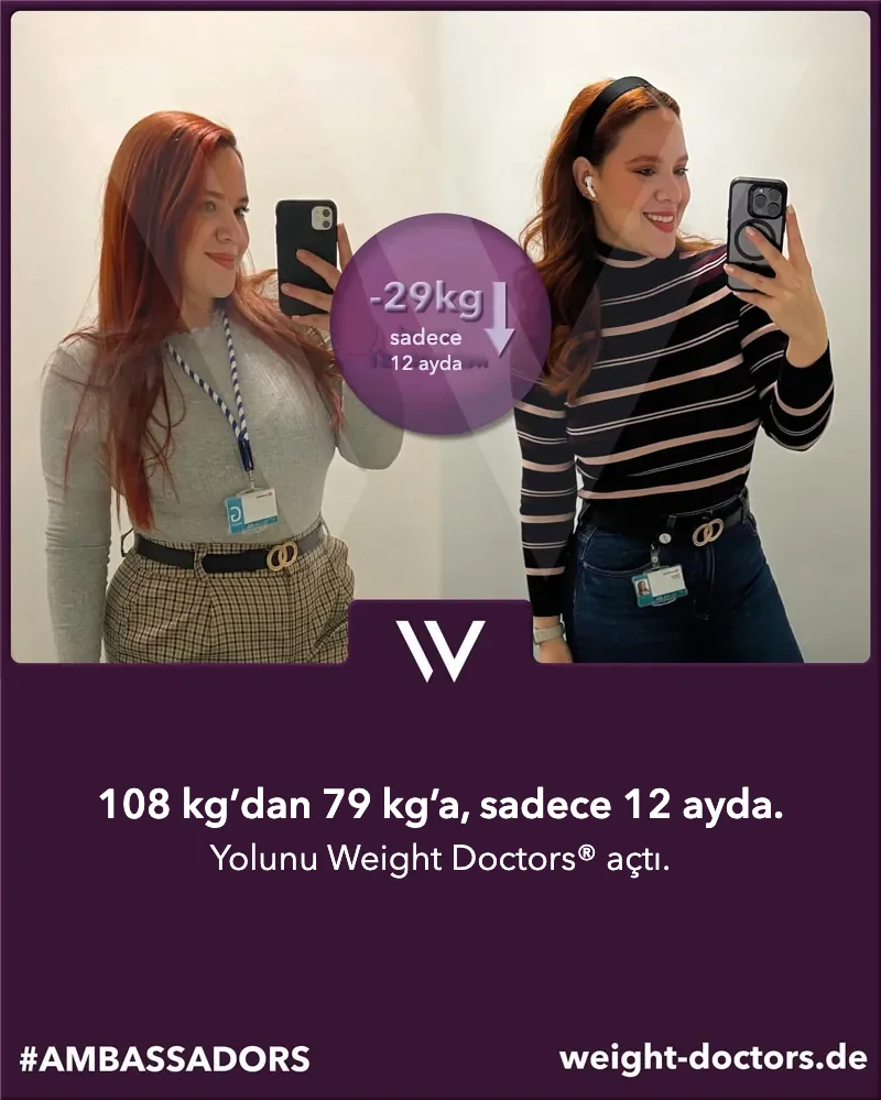 Weight Doctors® öncesi-sonrası: On iki ayda 108 kg’dan 79 kg’a inen bir hasta