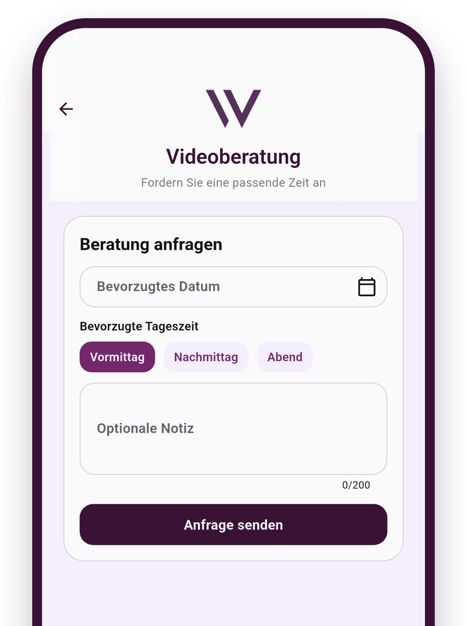 Weight Doctors® App: solicitar consulta con fecha deseada, momento del día y nota opcional