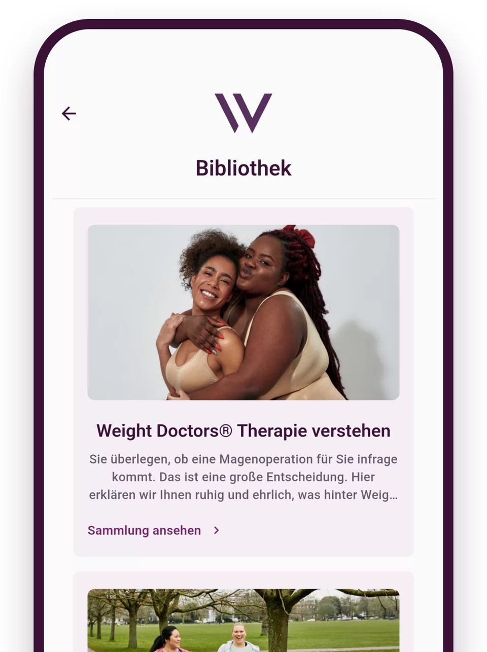 Weight Doctors® App: biblioteca con las colecciones «Entender la terapia» y «Movimiento y cuerpo»