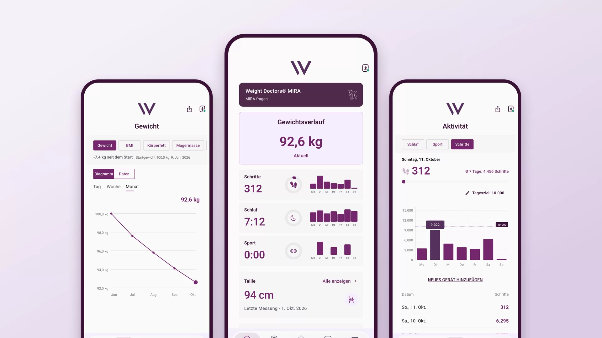 Tres vistas de la Weight Doctors® App: evolución del peso, página de inicio y actividad