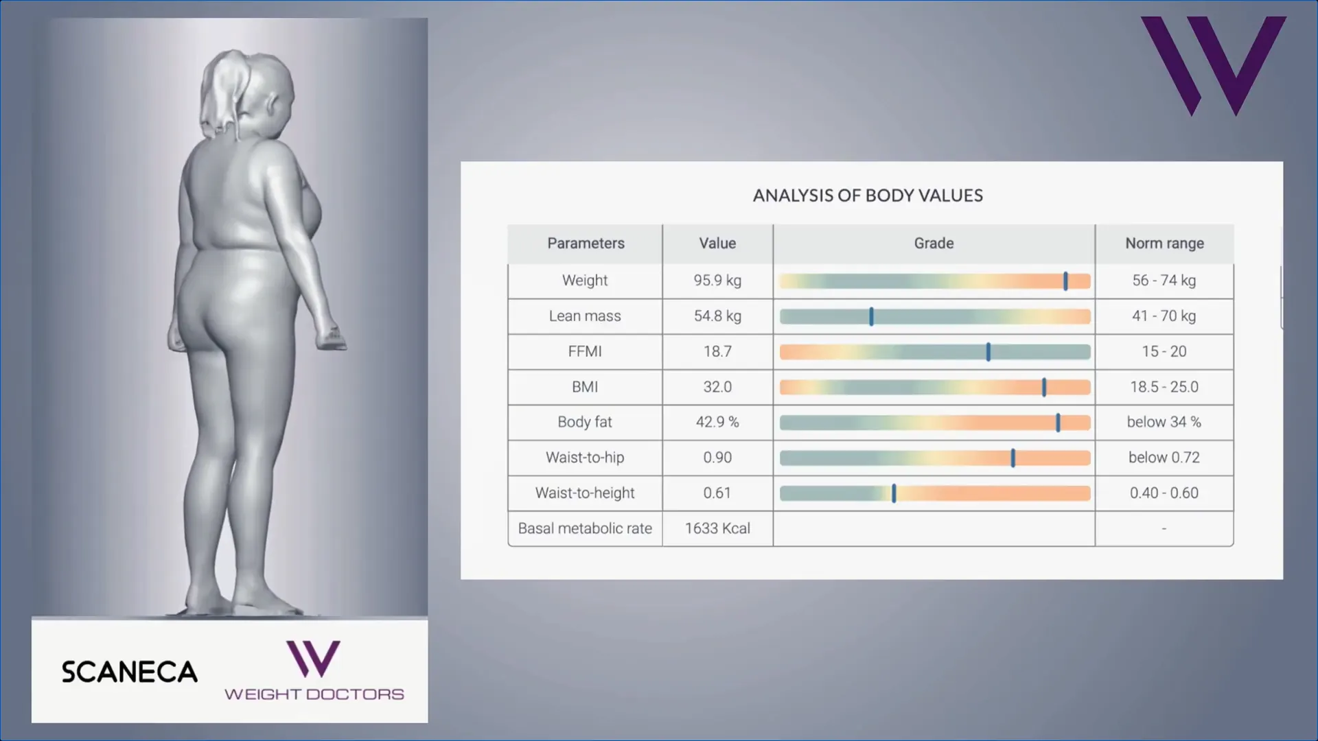 3D avatar from the Weight Doctors® 3D Bodyscan with evaluation of body values