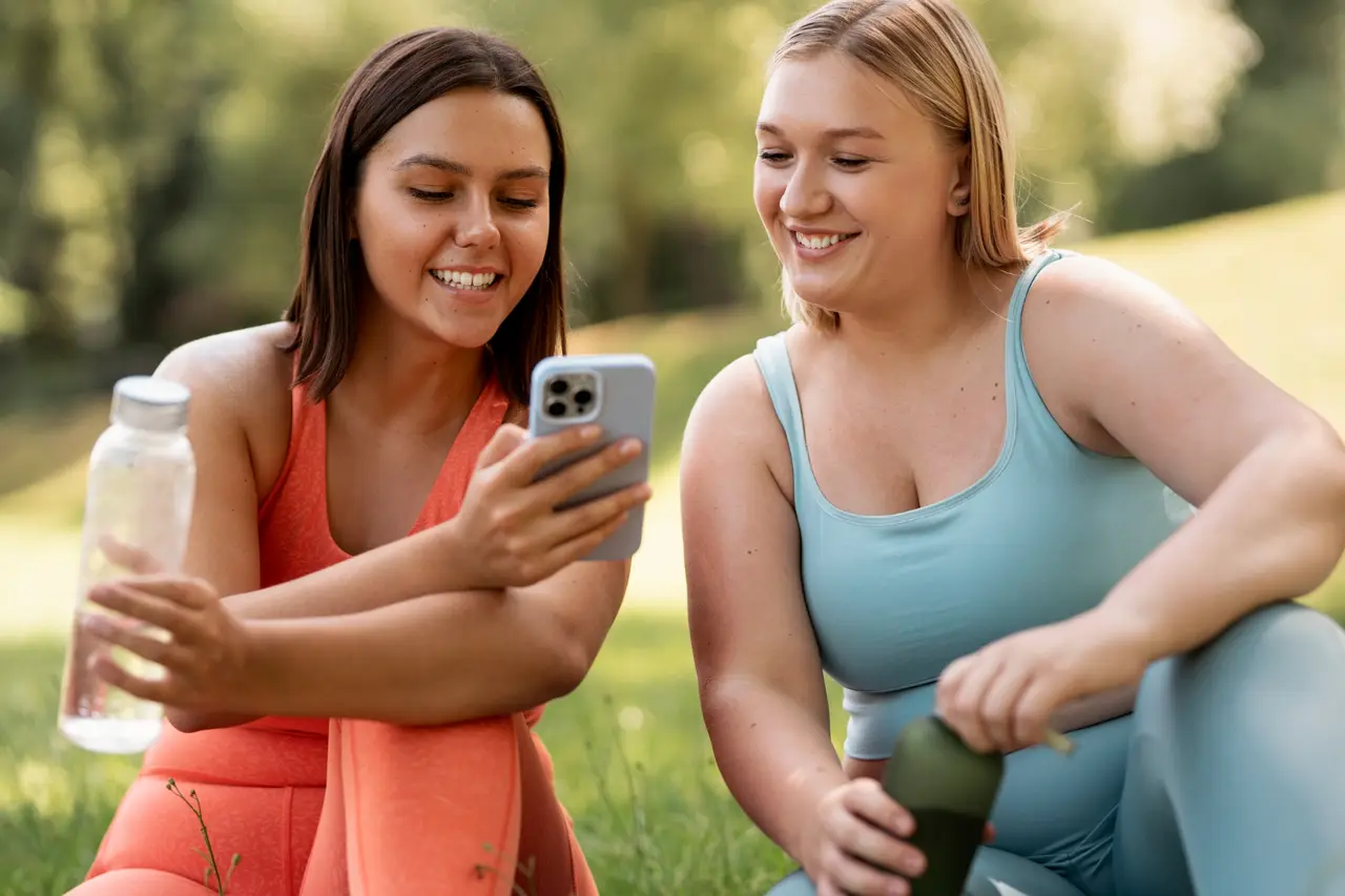 Spor giysili iki kadın parkta oturuyor ve birlikte bir akıllı telefona bakıyor